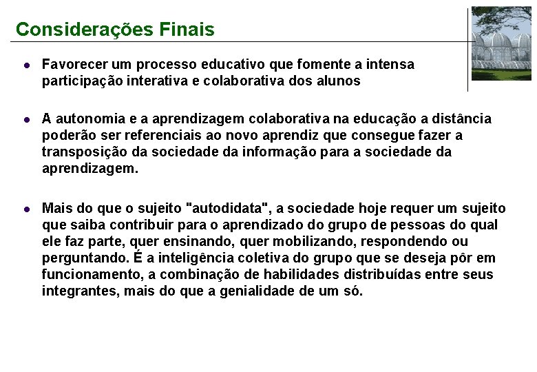 Considerações Finais l Favorecer um processo educativo que fomente a intensa participação interativa e