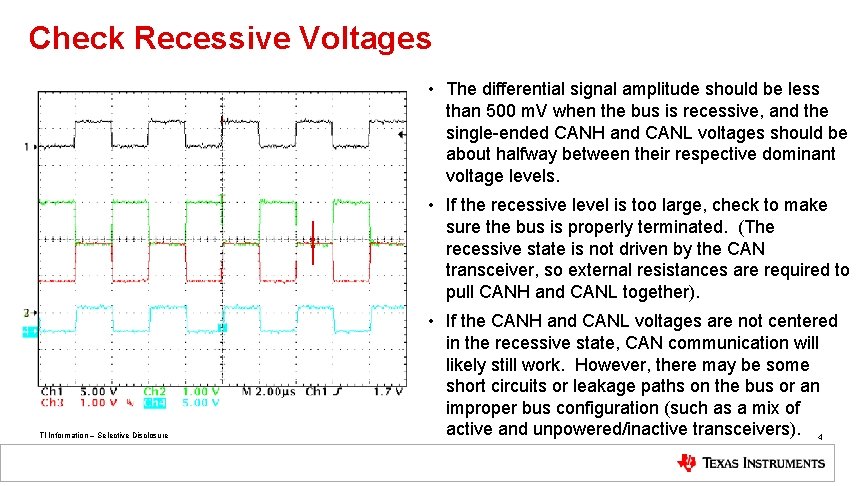 Check Recessive Voltages • The differential signal amplitude should be less than 500 m.