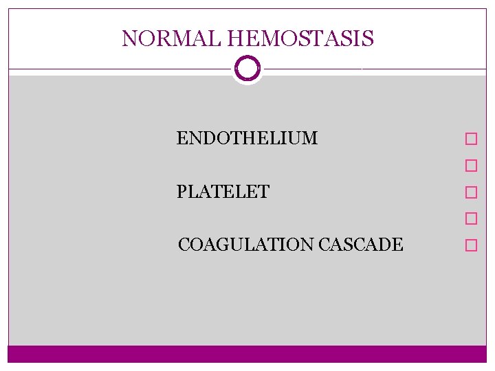 NORMAL HEMOSTASIS ENDOTHELIUM � � PLATELET � � COAGULATION CASCADE � 