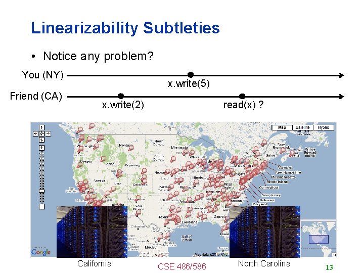 Linearizability Subtleties • Notice any problem? You (NY) Friend (CA) x. write(5) x. write(2)