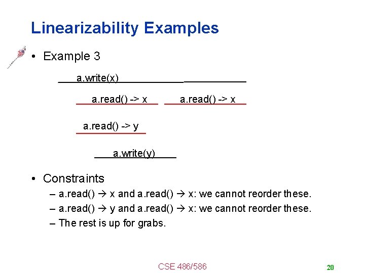 Linearizability Examples • Example 3 a. write(x) a. read() -> x a. read() ->