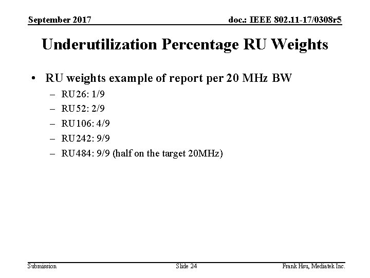 September 2017 doc. : IEEE 802. 11 -17/0308 r 5 Underutilization Percentage RU Weights