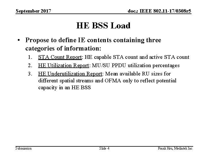 September 2017 doc. : IEEE 802. 11 -17/0308 r 5 HE BSS Load •