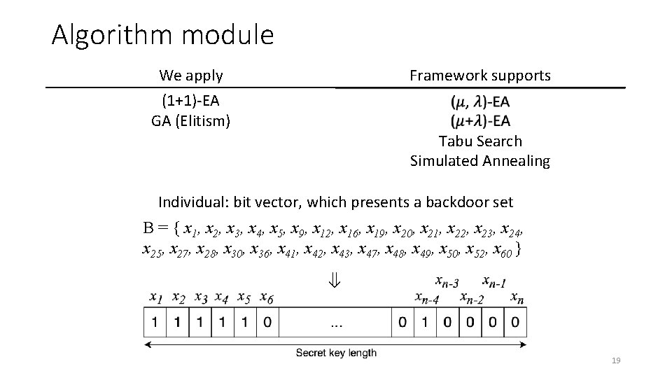 Algorithm module We apply (1+1)-EA GA (Elitism) Framework supports Tabu Search Simulated Annealing Individual: