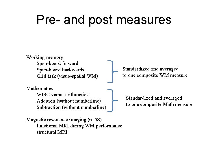 Pre- and post measures Working memory Span-board forward Span-board backwards Grid task (visuo-spatial WM)