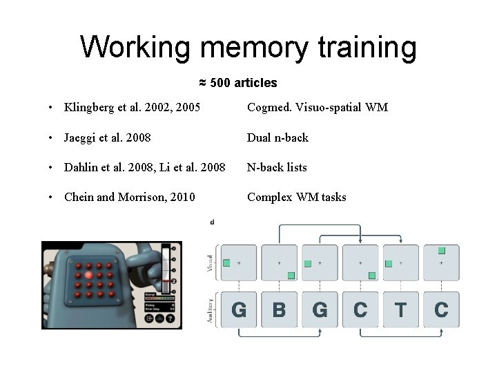 Working memory training ≈ 500 articles • Klingberg et al. 2002, 2005 Cogmed. Visuo-spatial