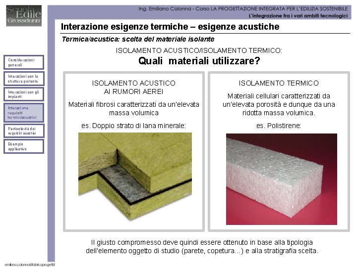 Interazione esigenze termiche – esigenze acustiche Termica/acustica: scelta del materiale isolante ISOLAMENTO ACUSTICO/ISOLAMENTO TERMICO: