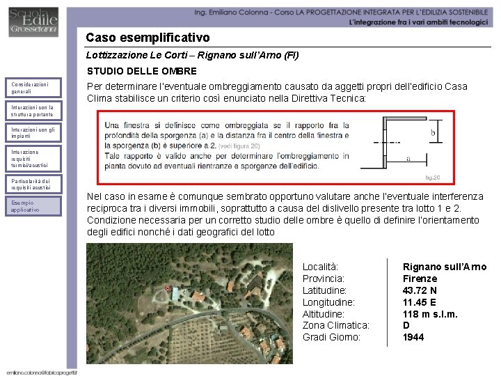 Caso esemplificativo Lottizzazione Le Corti – Rignano sull’Arno (FI) STUDIO DELLE OMBRE Considerazioni generali
