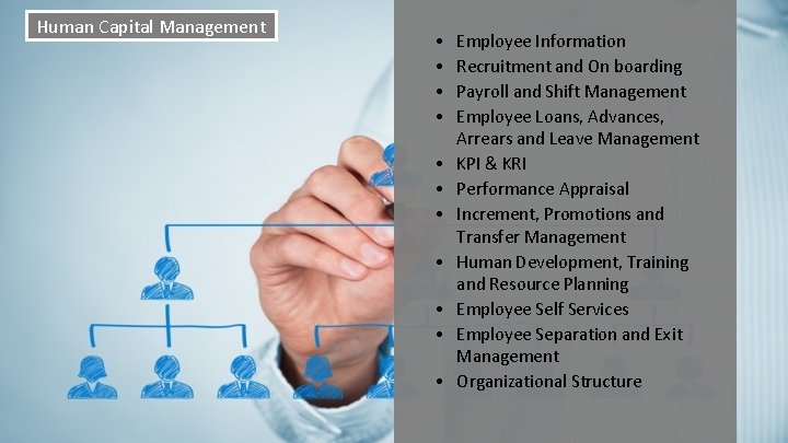 Human Capital Management • • • Employee Information Recruitment and On boarding Payroll and