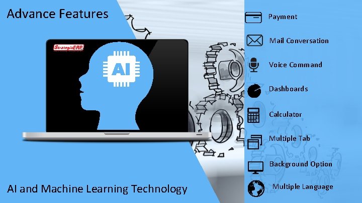 Advance Features Payment Mail Conversation Voice Command Dashboards Calculator Multiple Tab Background Option AI