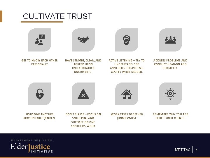 CULTIVATE TRUST GET TO KNOW EACH OTHER PERSONALLY HAVE STRONG, CLEAR, AND AGREED UPON