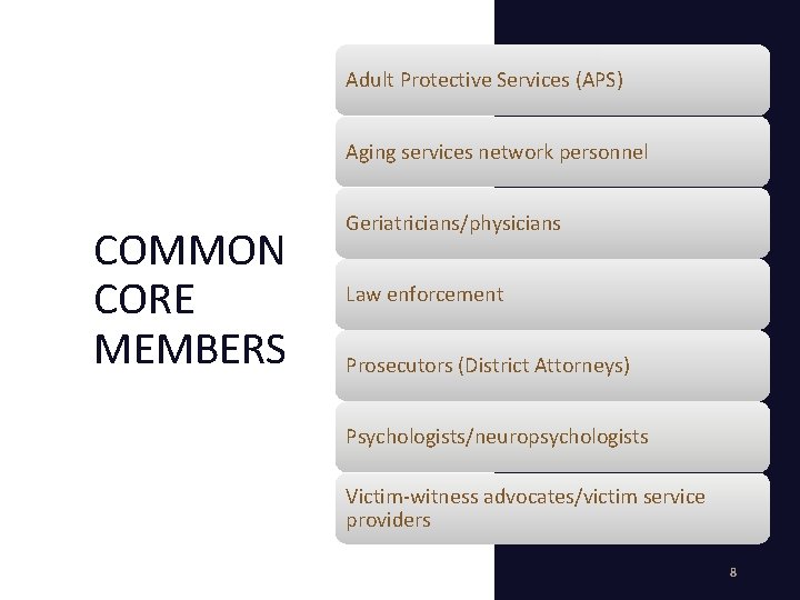 Adult Protective Services (APS) Aging services network personnel COMMON CORE MEMBERS Geriatricians/physicians Law enforcement