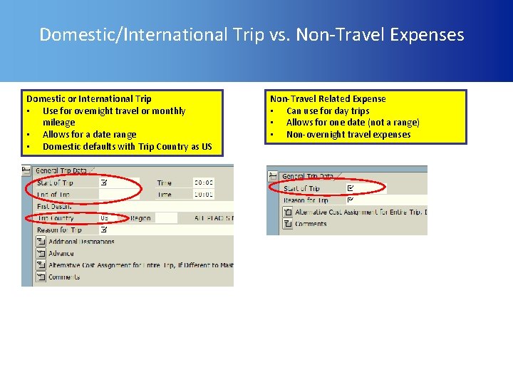 Domestic/International Trip vs. Non-Travel Expenses Domestic or International Trip • Use for overnight travel