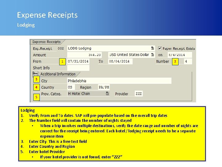 Expense Receipts Lodging 1 2 3 4 5 Lodging 1. Verify From and To