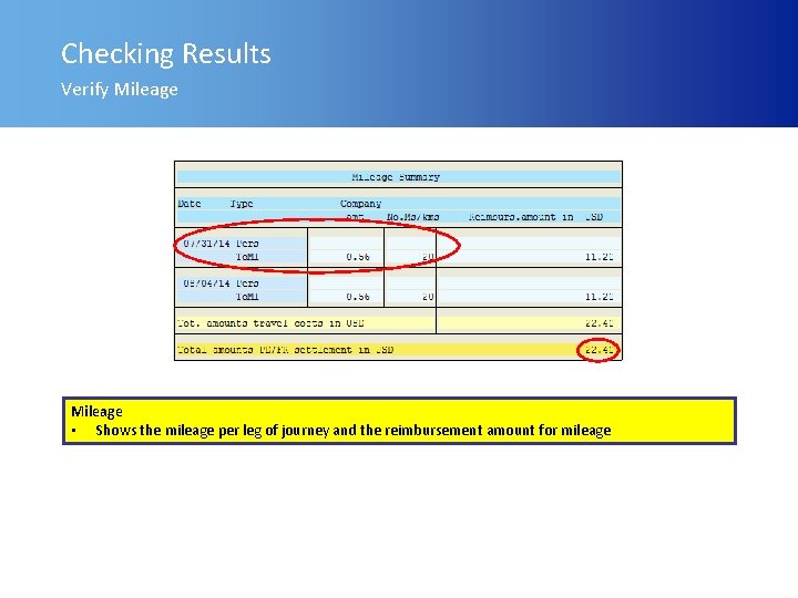 Checking Results Verify Mileage • Shows the mileage per leg of journey and the