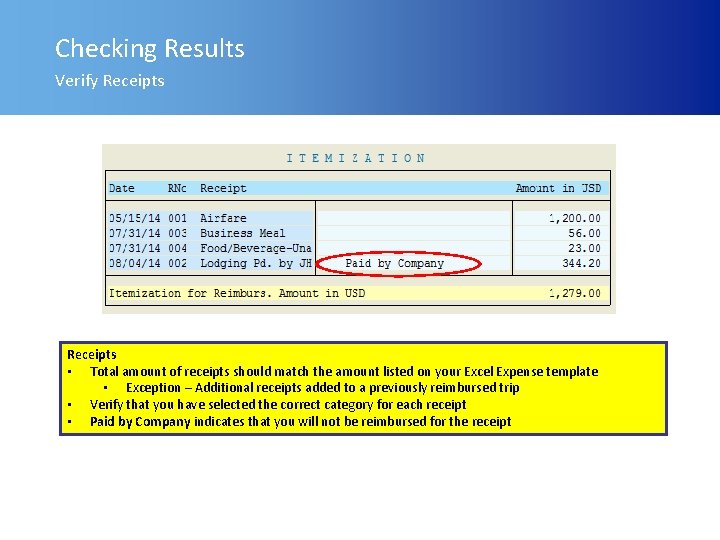 Checking Results Verify Receipts • Total amount of receipts should match the amount listed