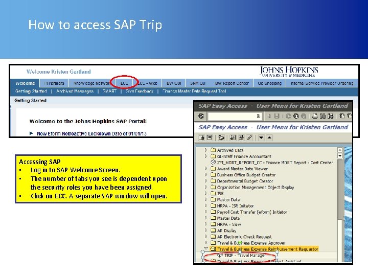 How to access SAP Trip Accessing SAP • Log in to SAP Welcome Screen.