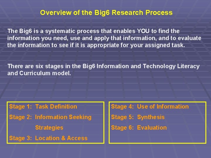 Overview of the Big 6 Research Process The Big 6 is a systematic process