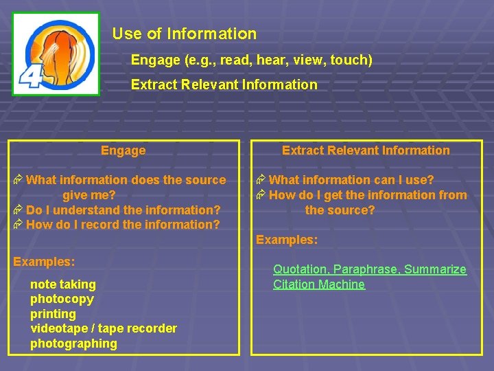 Use of Information Engage (e. g. , read, hear, view, touch) Extract Relevant Information