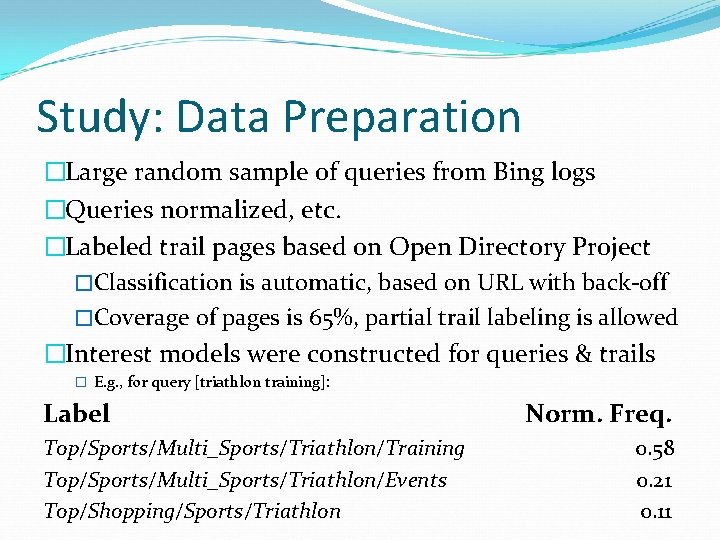 Study: Data Preparation �Large random sample of queries from Bing logs �Queries normalized, etc.