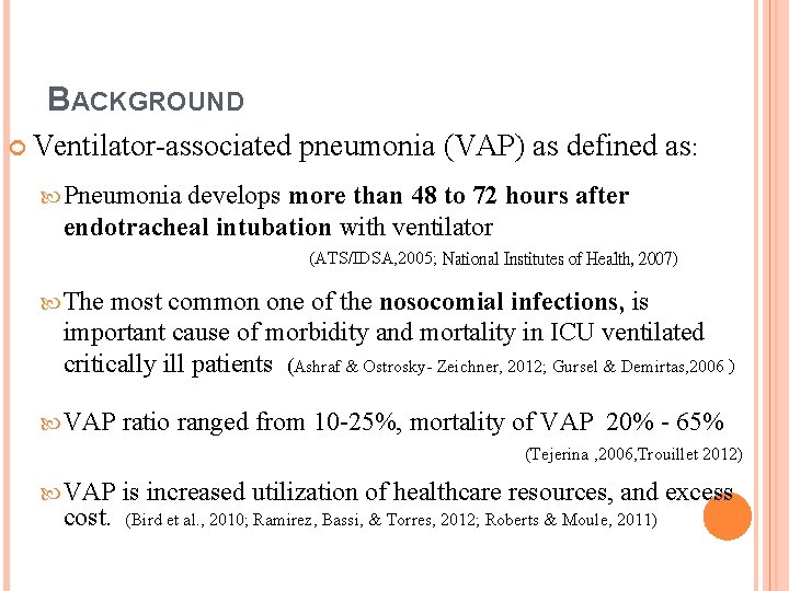 BACKGROUND Ventilator-associated pneumonia (VAP) as defined as: Pneumonia develops more than 48 to 72