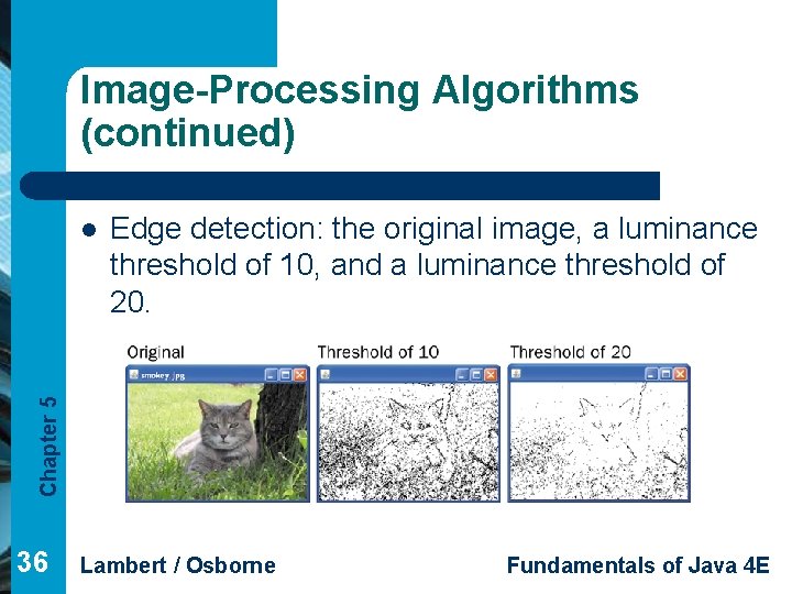 Image-Processing Algorithms (continued) Edge detection: the original image, a luminance threshold of 10, and