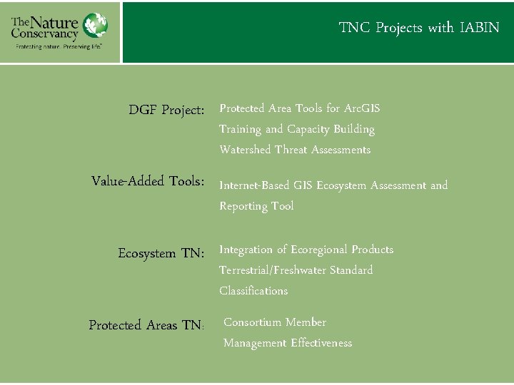 TNC Projects with IABIN DGF Project: Protected Area Tools for Arc. GIS Training and