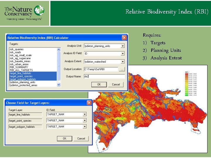 Relative Biodiversity Index (RBI) Requires: 1) Targets 2) Planning Units 3) Analysis Extent 