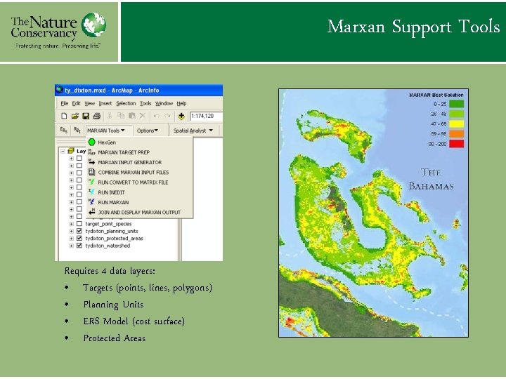 Marxan Support Tools Requires 4 data layers: • Targets (points, lines, polygons) • Planning