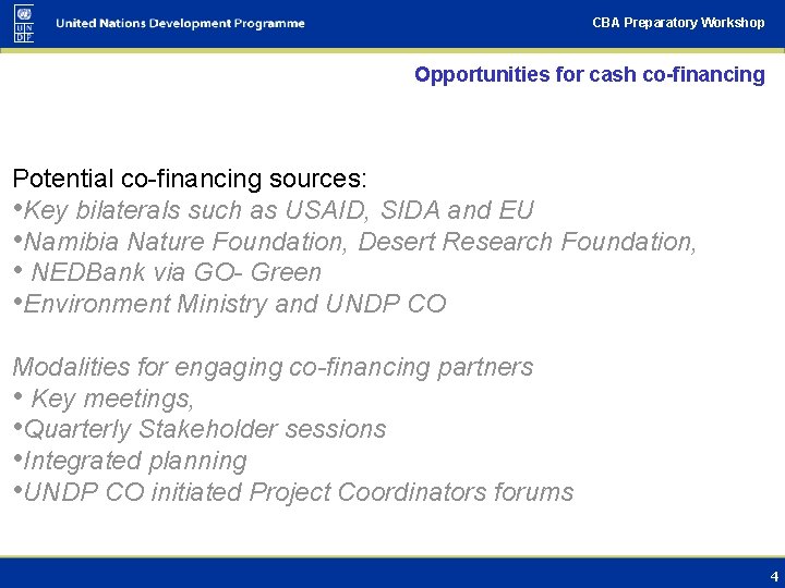 CBA Preparatory Workshop Opportunities for cash co-financing Potential co-financing sources: • Key bilaterals such