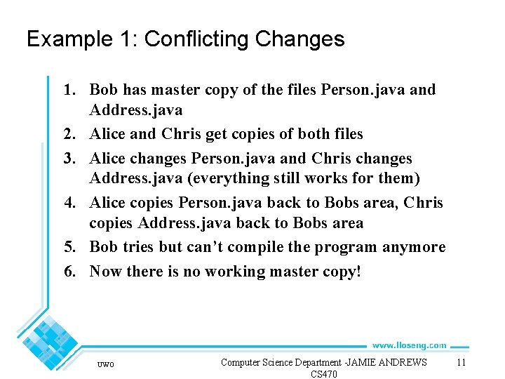 Example 1: Conflicting Changes 1. Bob has master copy of the files Person. java