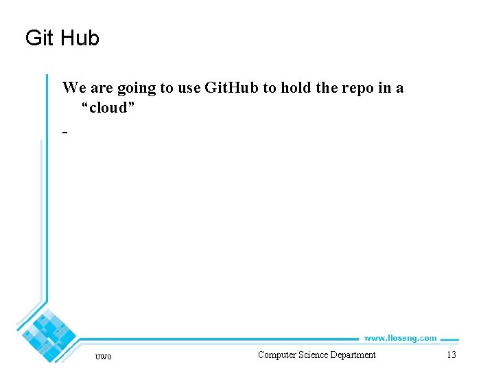 Git Hub We are going to use Git. Hub to hold the repo in