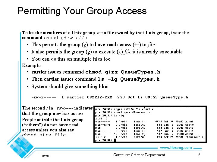Permitting Your Group Access To let the members of a Unix group see a