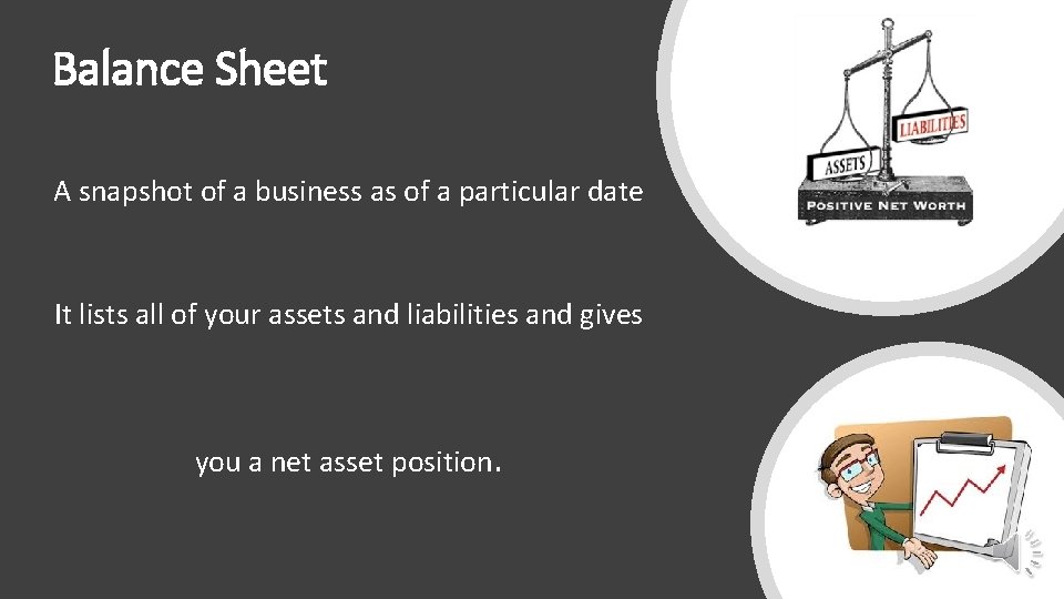 Balance Sheet A snapshot of a business as of a particular date It lists