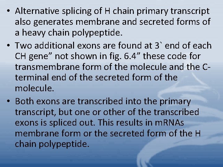  • Alternative splicing of H chain primary transcript also generates membrane and secreted