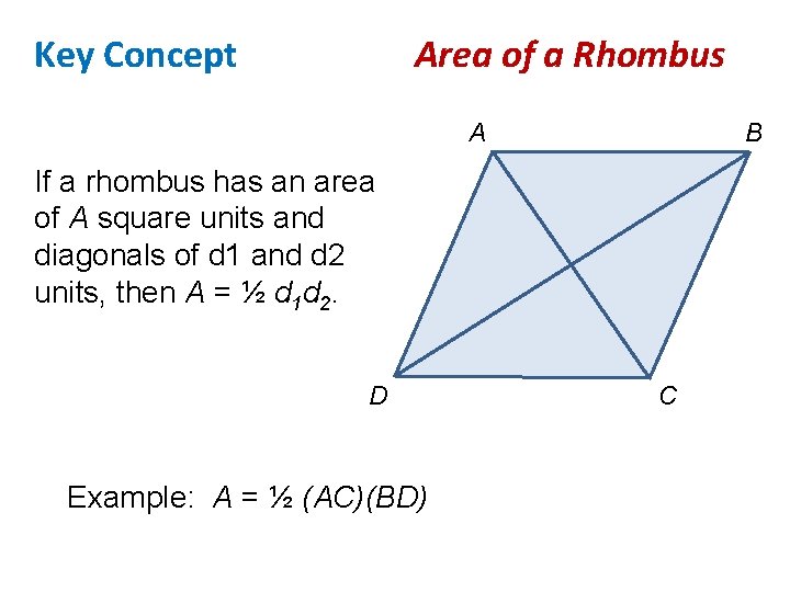 Key Concept Area of a Rhombus A B If a rhombus has an area