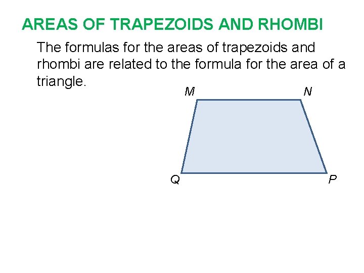 AREAS OF TRAPEZOIDS AND RHOMBI The formulas for the areas of trapezoids and rhombi