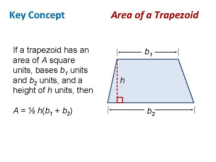 Key Concept If a trapezoid has an area of A square units, bases b