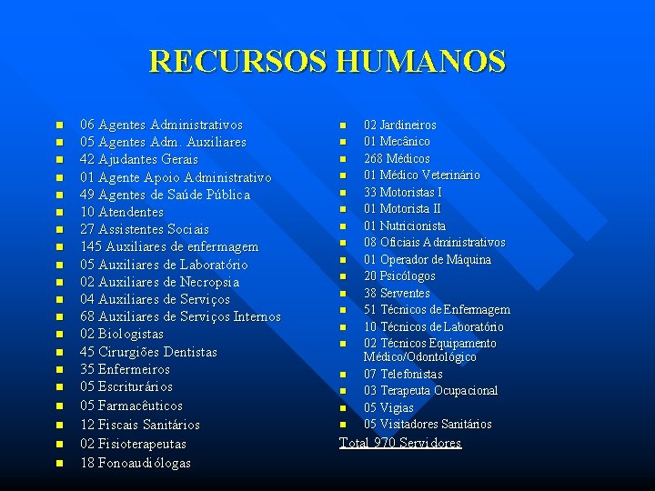 RECURSOS HUMANOS n n n n n 06 Agentes Administrativos 05 Agentes Adm. Auxiliares