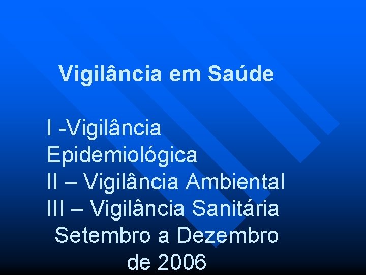 Vigilância em Saúde I -Vigilância Epidemiológica II – Vigilância Ambiental III – Vigilância Sanitária