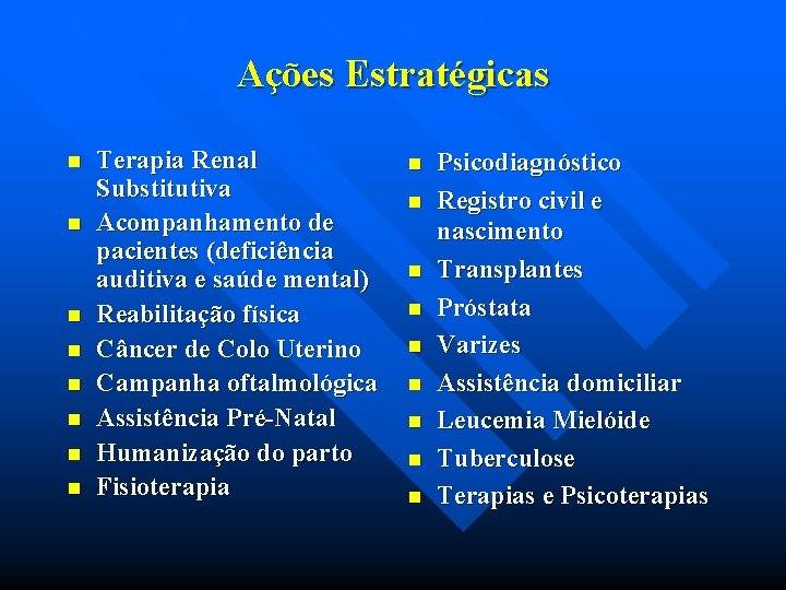 Ações Estratégicas n n n n Terapia Renal Substitutiva Acompanhamento de pacientes (deficiência auditiva