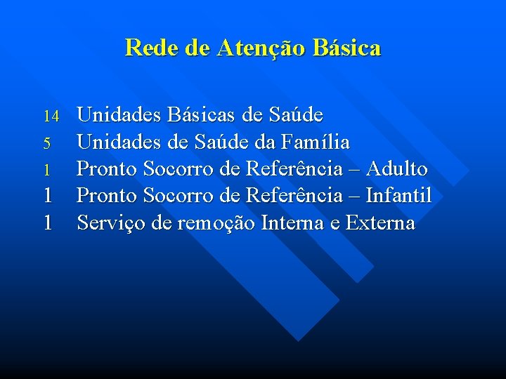 Rede de Atenção Básica Unidades Básicas de Saúde 5 Unidades de Saúde da Família