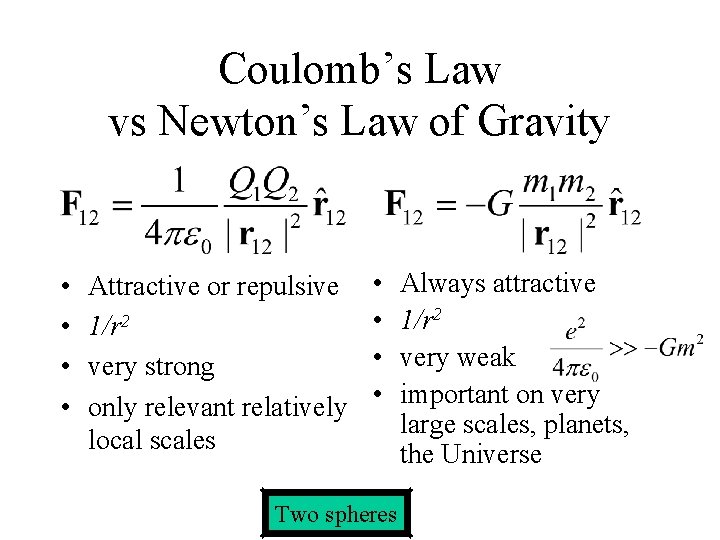 Coulomb’s Law vs Newton’s Law of Gravity • • Attractive or repulsive 1/r 2