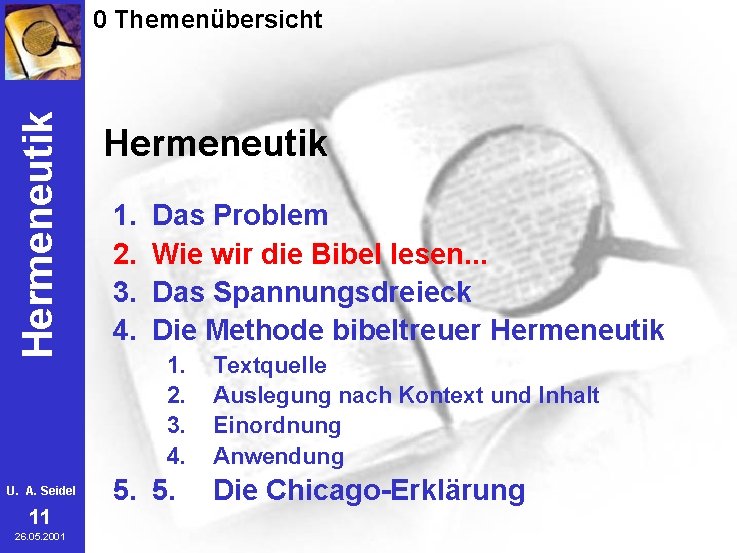 Hermeneutik 0 Themenübersicht U. A. Seidel 11 26. 05. 2001 Hermeneutik 1. 2. 3.