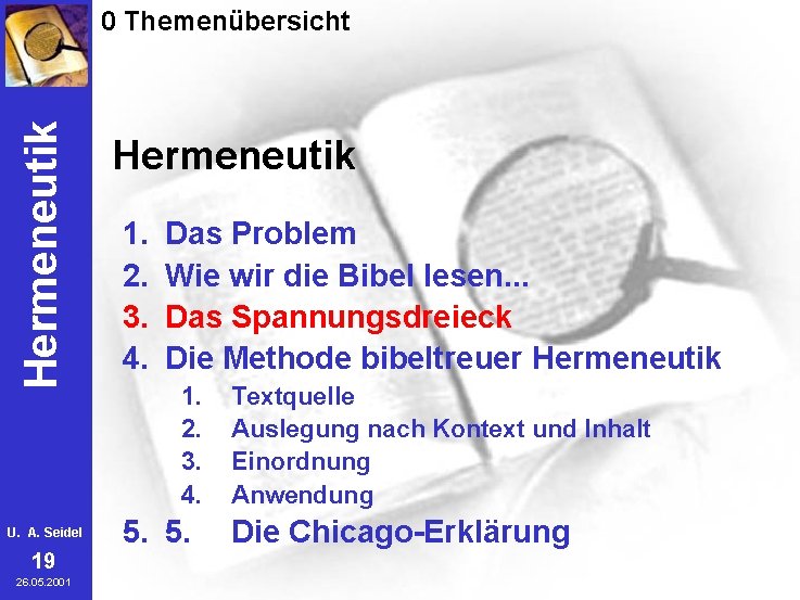 Hermeneutik 0 Themenübersicht U. A. Seidel 19 26. 05. 2001 Hermeneutik 1. 2. 3.