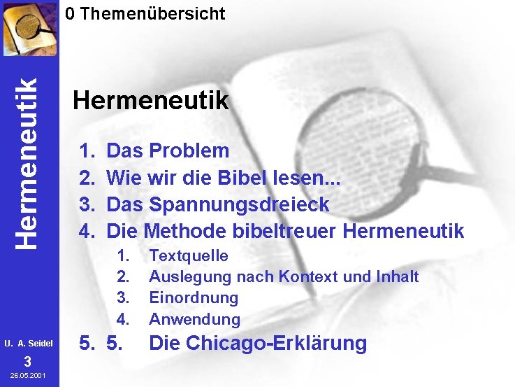 Hermeneutik 0 Themenübersicht U. A. Seidel 3 26. 05. 2001 Hermeneutik 1. 2. 3.