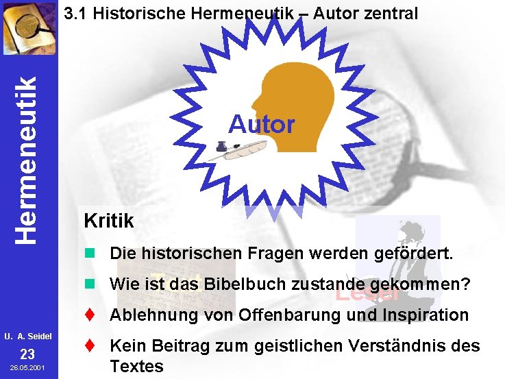 Hermeneutik 3. 1 Historische Hermeneutik – Autor zentral Autor Kritik n Die historischen Fragen