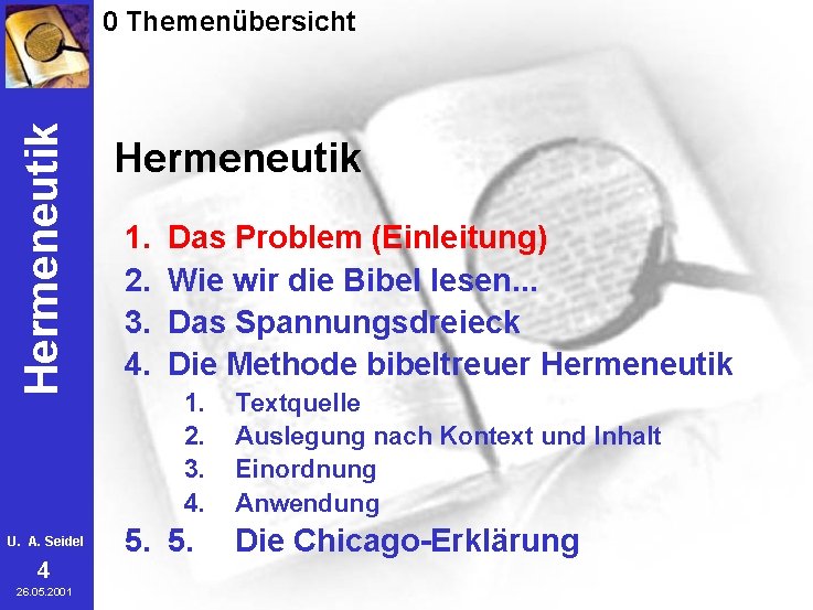 Hermeneutik 0 Themenübersicht U. A. Seidel 4 26. 05. 2001 Hermeneutik 1. 2. 3.