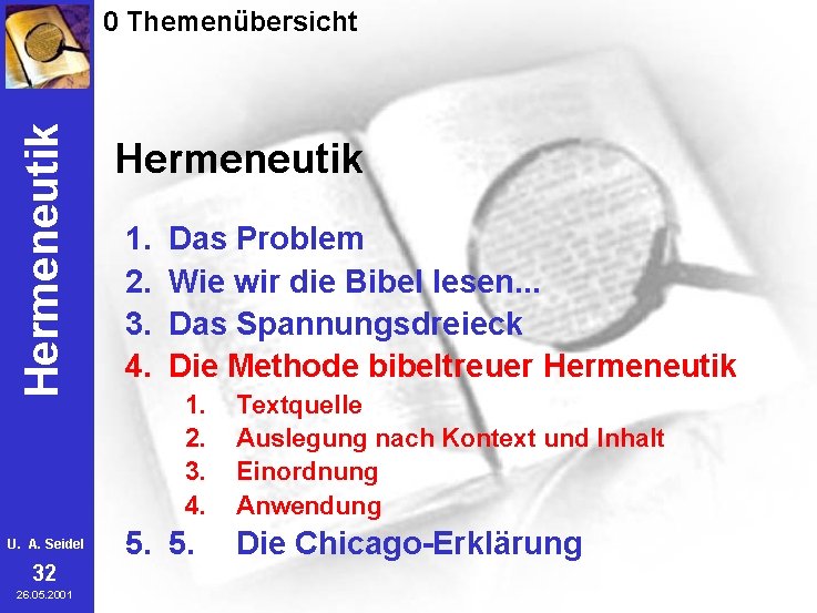 Hermeneutik 0 Themenübersicht U. A. Seidel 32 26. 05. 2001 Hermeneutik 1. 2. 3.
