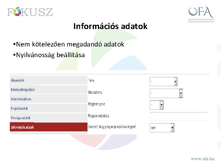 Információs adatok • Nem kötelezően megadandó adatok • Nyilvánosság beállítása 